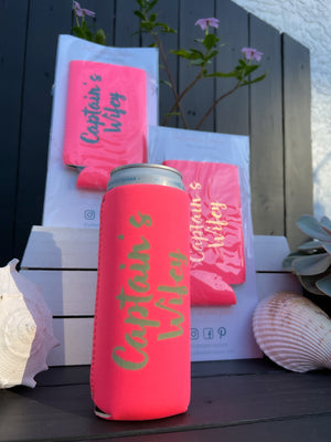 "Captain's Wifey" Neoprene Slim Can Cooler - Bright Coral